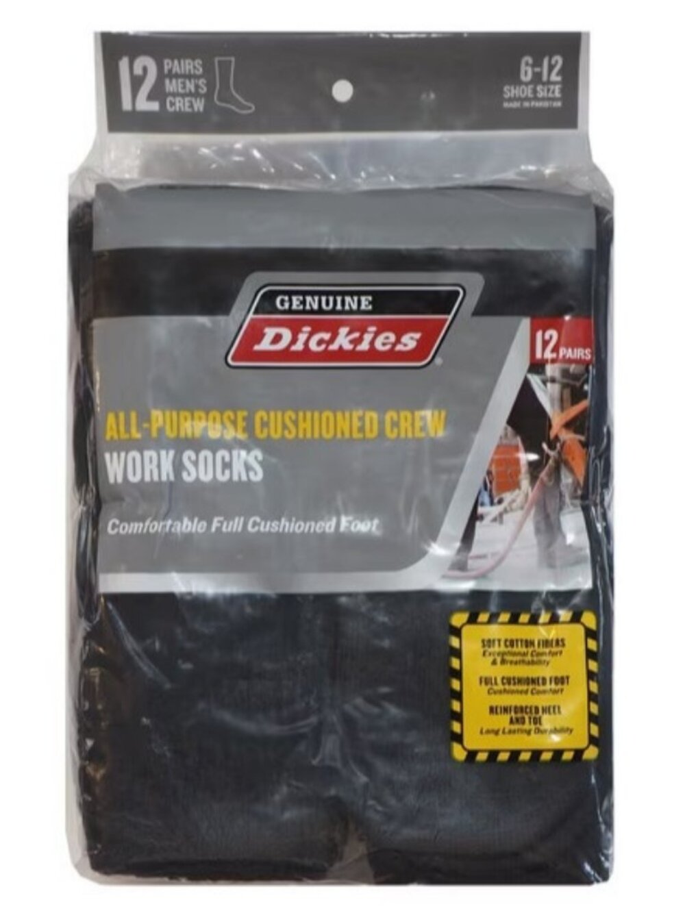 Dickies Crew Work Socks 12 Pack Black Cushioned All Purpose Men's Size 9-12